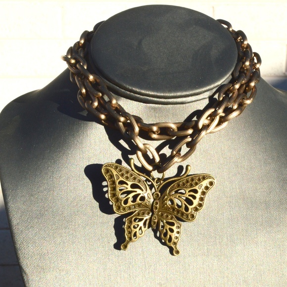 Conceptual Subculture Jewelry - Bulky Chain Butterfly Brass Chain Necklace Pendant